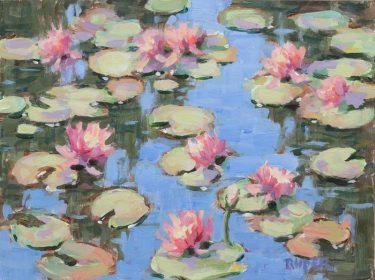 stuart roper, waterlily, flowers, floral, water, pond, gardens, landscape, plein air, acrylic paintings,